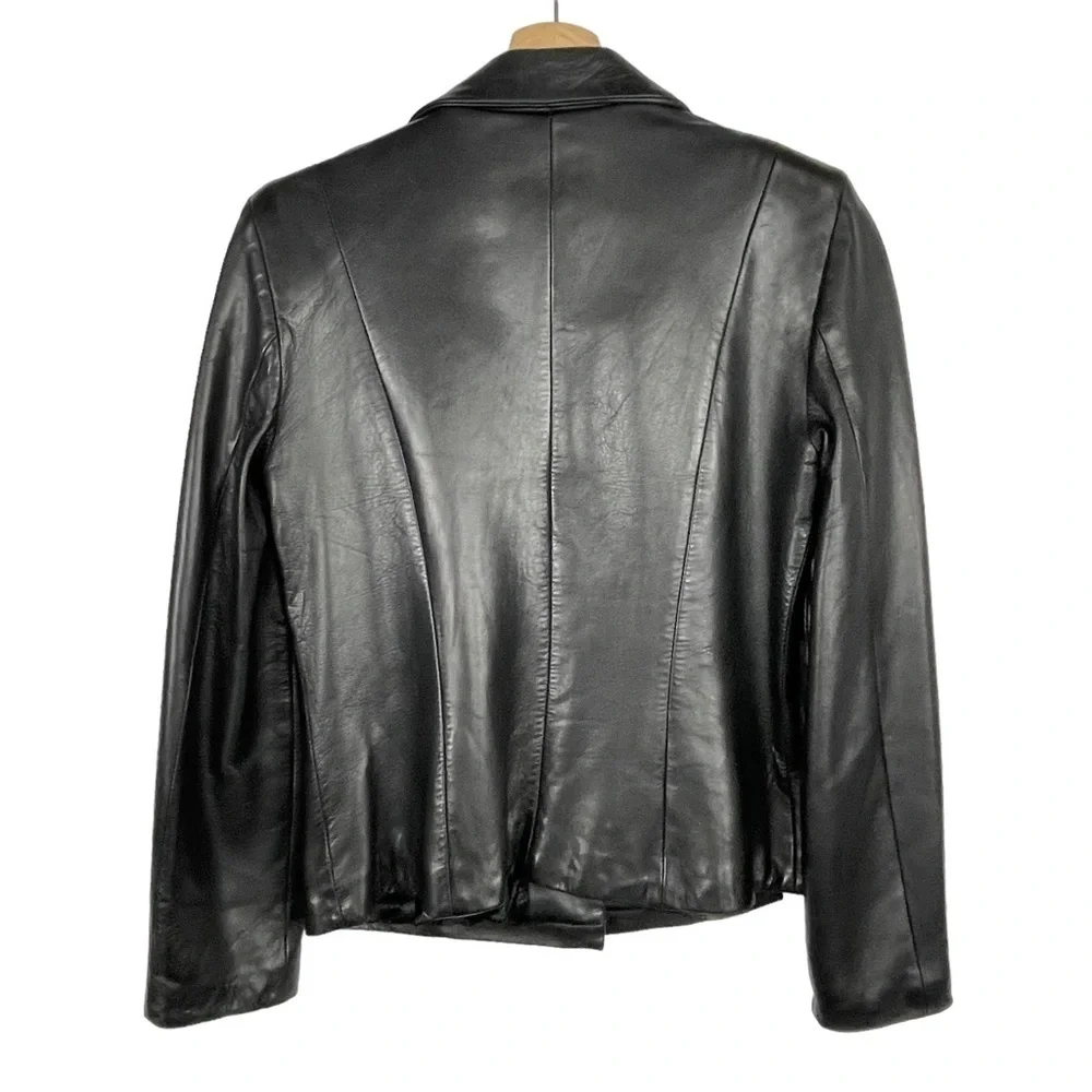 MICHAEL HOBAN NORTH BEACH BLACK LEATHER 90S 3 BUTTON NOTCH COLLAR BLAZER JACKET